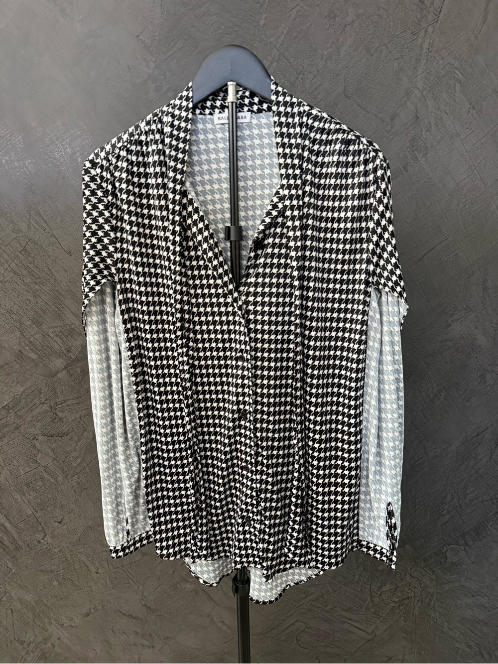 NWT Balenciaga Black & White Houndstooth Button-Up Blouse with Tie at Neck